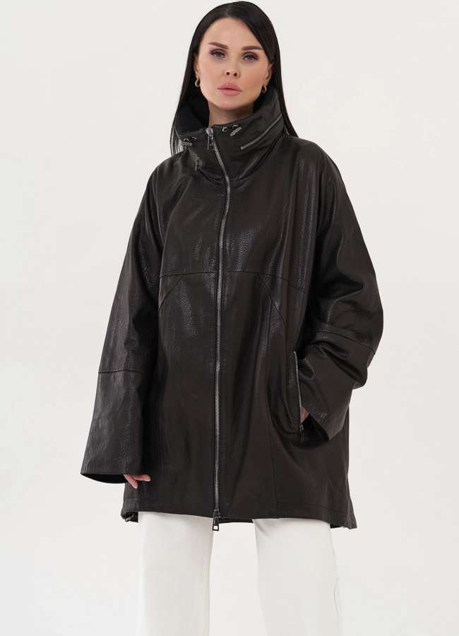 Кожаная удлиненная куртка черного цвета модель № 27142 меха малина