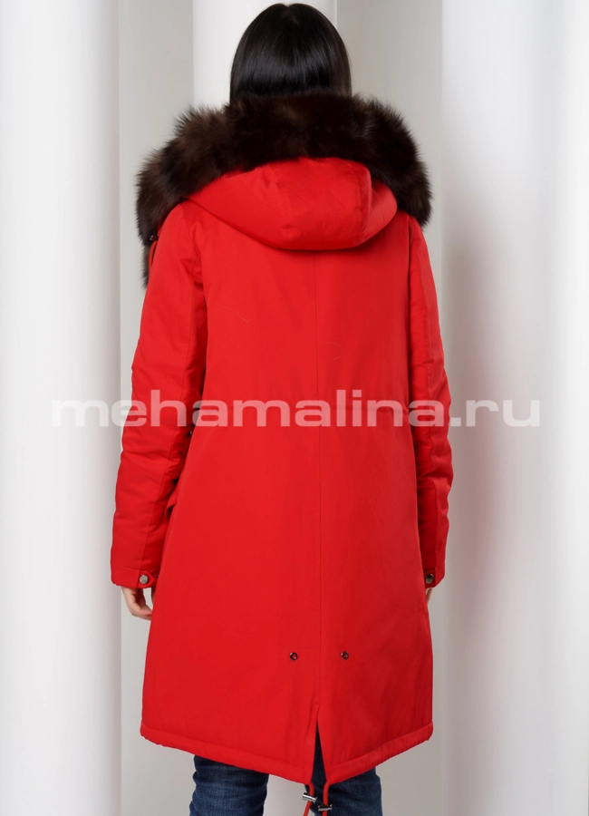 Парка красного цвета с меховой отделкой из песца модель № 75756 универмаг малина