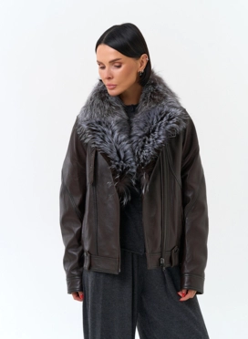 Женский пуховик из натуральной кожи с чернобуркой