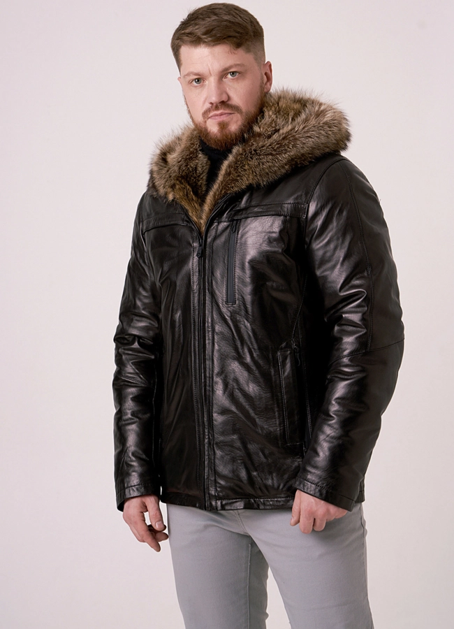 Кожаный пуховик с меховой отделкой  модель № 9255 меха малина