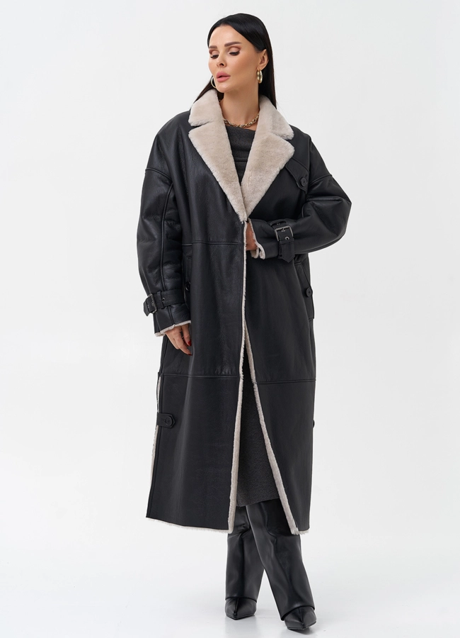 Удлиненная женская дубленка с английским воротником  модель № 23645 универмаг малина