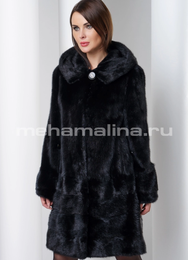 Норковая шуба черного цвета с капюшоном модель № S-544 универмаг малина