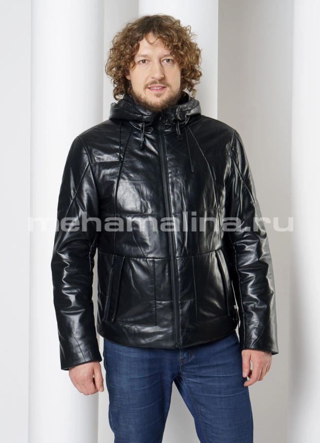 Кожаный пуховик с капюшоном модель № KP-236 меха малина